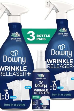 Downy Wrinkle Releaser Spray | All In One Wrinkle Release Spray, Odor Eliminator, Static Remover | Fabric Refresher & Ironing Aid for Clothes | 169 Fl Oz (Pack of 2) & 3 FL Oz, Crisp Linen Scent