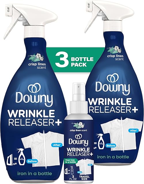 Downy Wrinkle Releaser Spray | All In One Wrinkle Release Spray, Odor Eliminator, Static Remover | Fabric Refresher & Ironing Aid for Clothes | 169 Fl Oz (Pack of 2) & 3 FL Oz, Crisp Linen Scent
