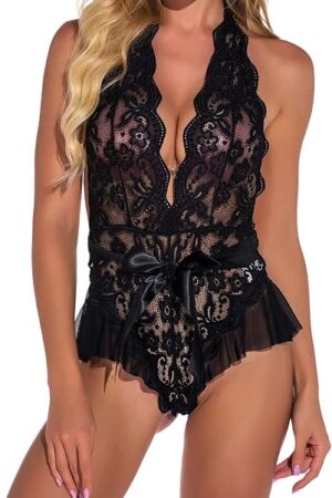 Women Naughty Slutty Lingerie Sexy Lace Bodysuit Deep V Teddy One Piece Babydoll See Through Lingerie for Sex Play A01