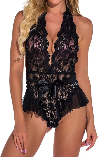 Women Naughty Slutty Lingerie Sexy Lace Bodysuit Deep V Teddy One Piece Babydoll See Through Lingerie for Sex Play A01