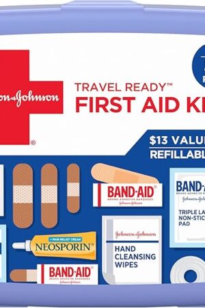 Band-Aid Travel Ready Portable Emergency First Aid Kit for Minor Wound Care with Assorted Adhesive Bandages, Gauze Pads & More, Ideal for Travel, Car & On-The-Go, 80 pc
