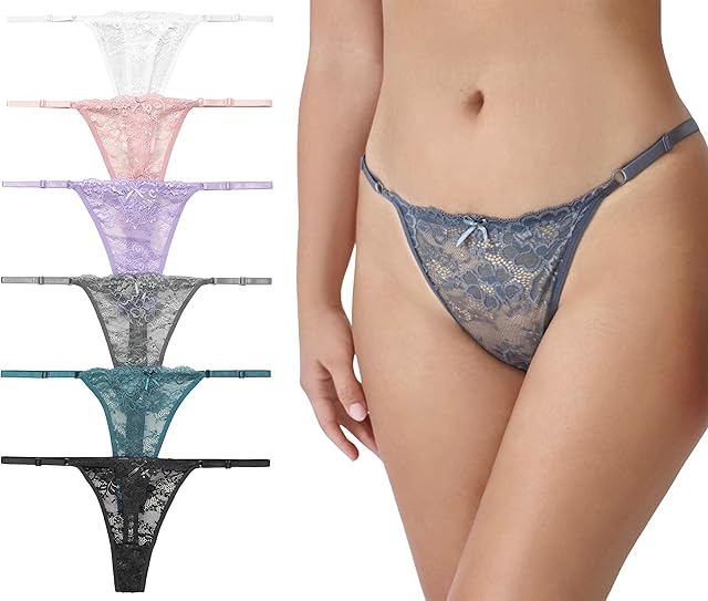 Women Floral Lace Thongs G-String Adjustable Low Rise Underwear Bridal Sexy Lace Lingerie Panties Pack 6