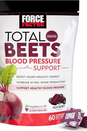 Force Factor Total Beets Blood Pressure Support Supplements with Beet Powder, Great-Tasting Beets Chewables for Heart-Healthy Energy, and Increased Nitric Oxide, 60 Chews