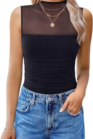 Women's Mock Neck Mesh Bodysuit Ruched Tank Body Suits Top Sheer One Piece Going Out Tops Classy Outfits