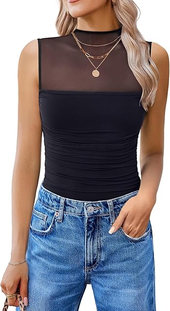 Women's Mock Neck Mesh Bodysuit Ruched Tank Body Suits Top Sheer One Piece Going Out Tops Classy Outfits