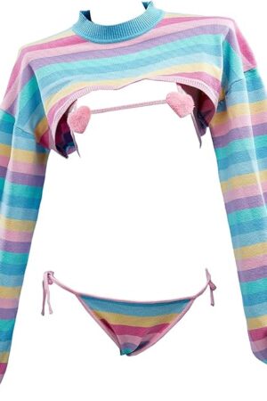 Women Knitted Sexy Lingerie Set Kawaii Rainbow Stripe Crop Top with Bikini Bra Thong Set