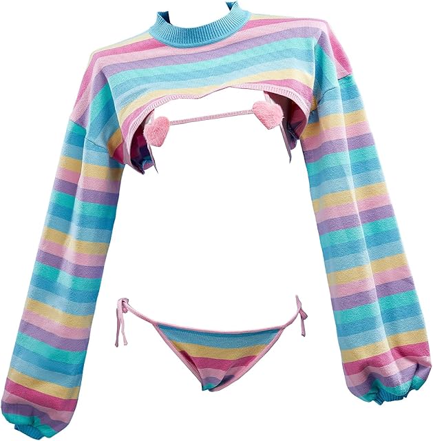 Women Knitted Sexy Lingerie Set Kawaii Rainbow Stripe Crop Top with Bikini Bra Thong Set