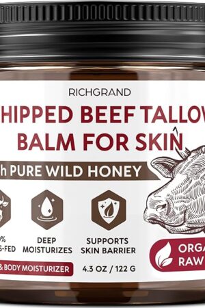 Beef Tallow for Skin  Whipped Tallow and Honey Balm with Grass-Fed Beef Tallow  Organic Daily Tallow Face Moisturizer & Body Balm  Deep Nourishment for Dry, Cracked, Sensitive Skin - 4.3 OZ