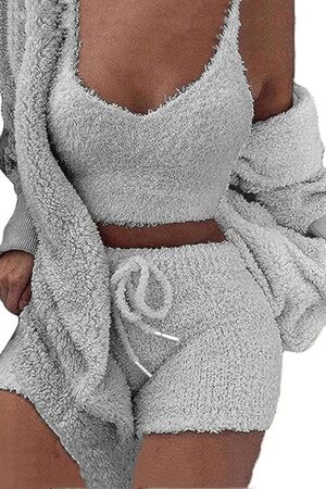 Hooded Cardigan Outwear Crop Tops Shorts Nightwear Set, Women Sexy Warm Fuzzy 3 Piece Outfits Pajamas