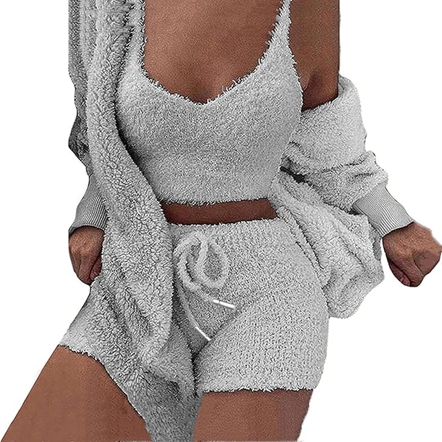 Hooded Cardigan Outwear Crop Tops Shorts Nightwear Set, Women Sexy Warm Fuzzy 3 Piece Outfits Pajamas