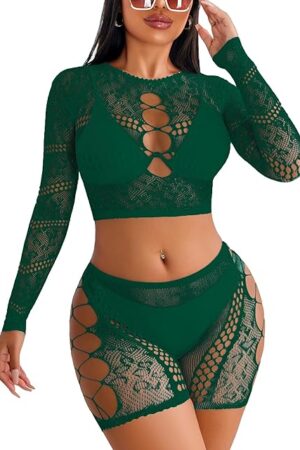 Fishnet Lingerie Sets for Women Sexy Two Piece Rave Outfits Mesh Bodysuit Clubwear