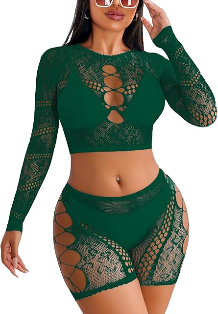 Fishnet Lingerie Sets for Women Sexy Two Piece Rave Outfits Mesh Bodysuit Clubwear