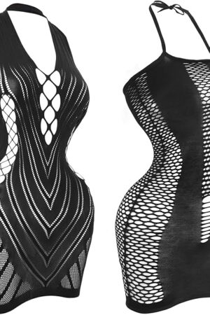 Fishnet Lingerie Dress for Women, Black Fish Net Bodysuit Sexy Chemise Teddy Naughty Women's Mesh Lace Body Stockings