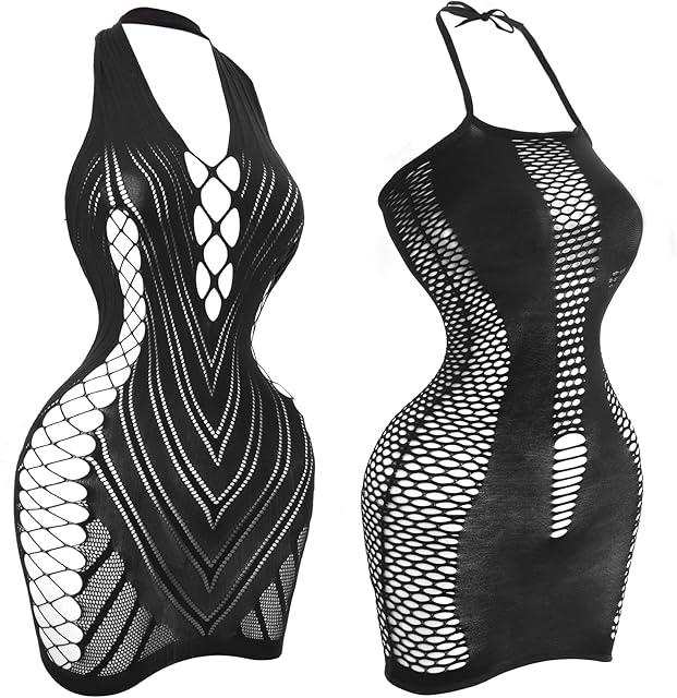 Fishnet Lingerie Dress for Women, Black Fish Net Bodysuit Sexy Chemise Teddy Naughty Women's Mesh Lace Body Stockings