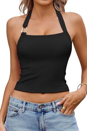 Halter Tops for Women Double Lined Sexy Ribbed Crop Tank Top Backless Going Out Cami Slim Fit Y2K Outfits
