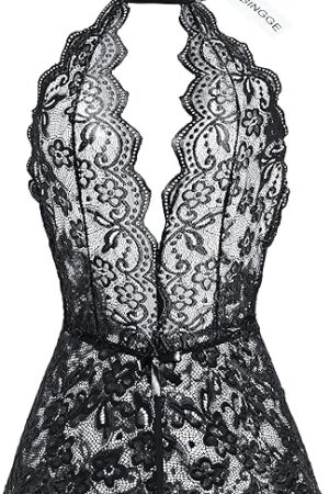 Women One Piece Black Lace sexy Lingerie Teddy, Halter Neckline, Bow Accents