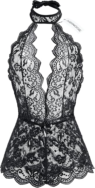 Women One Piece Black Lace sexy Lingerie Teddy, Halter Neckline, Bow Accents