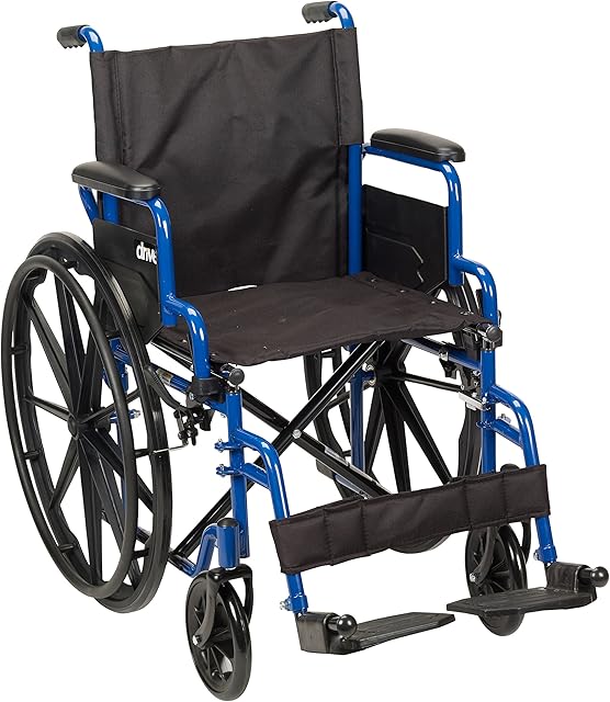 Drive Medical Blue Streak Lightweight Wheelchair with Swing-Away Footrests and Flip-Back Arms, Portable Folding Wheelchair for Adults and Seniors, 18 Inch Seat