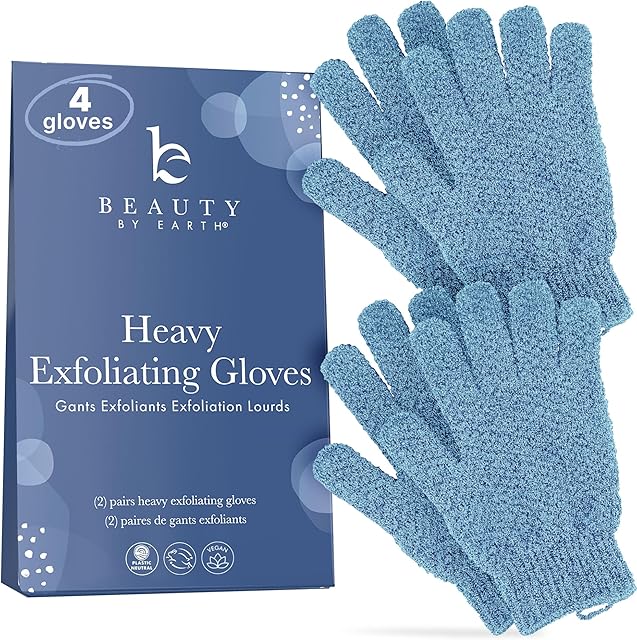 Exfoliating Glove (4 pcs, 2 Pairs) - Heavy Shower Gloves for Body Scrub, Exfoliates & Removes Dead Skin