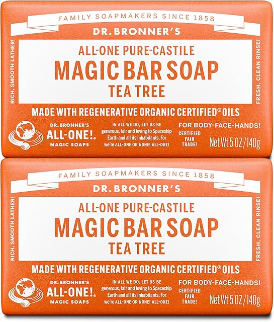 Dr Bronner's Pure-Castile Magic Bar Soaps - Made with Regenerative Organic Certified Oils - For Face, Body, Hair- Vegan Soap Bars for Men & Women - Tea Tree, 2 pack, 5 oz
