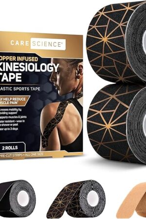 Care Science Waterproof Kinesiology Tape, 40 ct Precut Strips (2 Rolls), Copper Infused | Water Resistant Strips, Elastic Athletic Tape for Sports & Weightlifting, Muscle Strain Relief & Joint Support