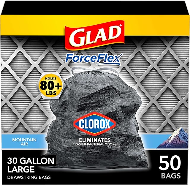 Glad Large 30 Gallon Trash Bags, Clorox Mountain Air Heavy Duty Garbage Bags, Forceflex with Drawstring, 50 Count (Packaging May Vary)