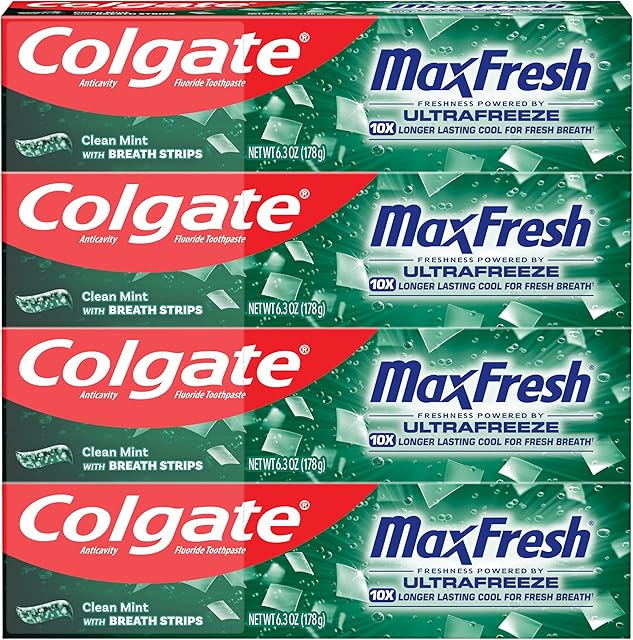 Colgate Max Fresh Whitening Toothpaste with Mini Strips, Clean Mint Toothpaste for Bad Breath, Helps Fight Cavities, Whitens Teeth, and Freshens Breath, 63 Ounce (Pack of 4)