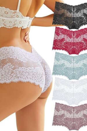 Women Underwear Sexy Lace Boy Shorts V-Waist Lightweight Seamless Soft Cheeky Panties 5 Pack