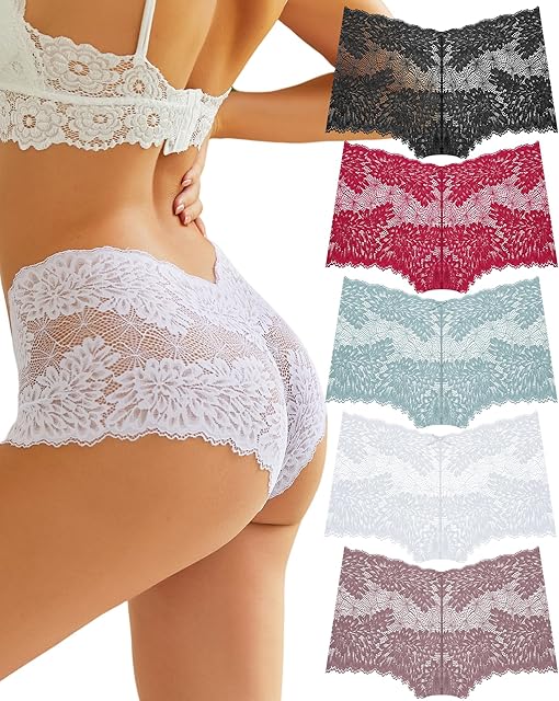 Women Underwear Sexy Lace Boy Shorts V-Waist Lightweight Seamless Soft Cheeky Panties 5 Pack