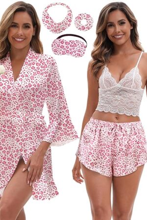 Lace Pajama Set for Women with Ruffle Leopard Sexy Robes for Women Satin 3 Piece Cami and Shorts Lingerie Sets