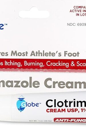 Globe Clotrimazole Antifungal Cream 1% USP (1 oz), Anti Fungal Treatment, Relieves Itching, Burning, Cracking and Scaling Associated Athletes Foot, Jock Itch, Ringworm and More