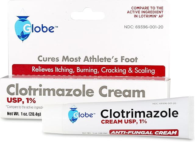 Globe Clotrimazole Antifungal Cream 1% USP (1 oz), Anti Fungal Treatment, Relieves Itching, Burning, Cracking and Scaling Associated Athletes Foot, Jock Itch, Ringworm and More
