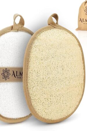 Almooni Natural Loofah Exfoliating Body Scrubber, Made with Natural Egyptian Shower Loofah Sponge, Bath Shower Loofah Sponge for Women and Men, for Face and Body That Gets You Clean - 2 Count (1 Pack)