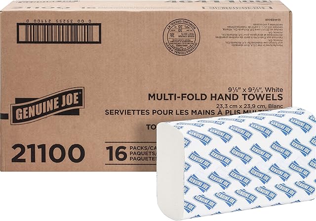 Genuine Joe Multifold Hand Towels, 95" x 910", 1-Ply, White, 250/Pack, 16 Count