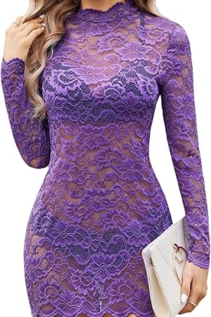 Women's Long Sleeve Lace Cocktail Dress Sexy See Through Lingerie Mini Babydoll Dresses for Party (No Linling)