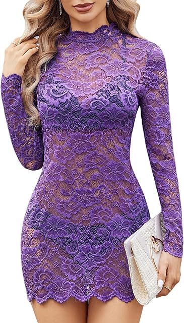 Women's Long Sleeve Lace Cocktail Dress Sexy See Through Lingerie Mini Babydoll Dresses for Party (No Linling)