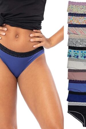 Womens Bikini Brief Lace Panties | Ultra-Smooth Micro Fiber Nylon Spandex Hi Cut Bikinis-Pack of 10