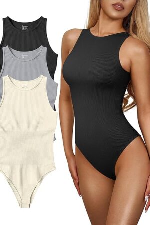 Women's 3 Piece Bodysuits Sexy Ribbed One Piece Sleeveless Halter Neck Tops Leotard Summer Trendy