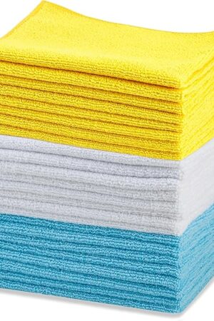 Amazon Basics Microfiber Cleaning Cloths, Ultra Absorbent, Lint Free, Streak Free, Non-Abrasive, Reusable and Washable, 16" x 12", Blue/White/Yellow, Pack of 24