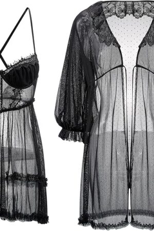 Women Sexy Lace Lingerie Set 2 Piece Babydoll & Kimono Robe Strap Chemise Sleepwear Polka Dots Nightgown