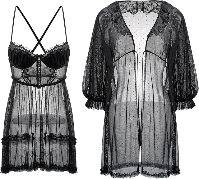 Women Sexy Lace Lingerie Set 2 Piece Babydoll & Kimono Robe Strap Chemise Sleepwear Polka Dots Nightgown