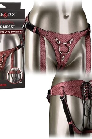 CalExotics Her Royal Harness The Regal Queen Adjustable Designer BDSM Probe Strap On Thong Harness Sex Toy Lingerie for Couples and Women, Red, 1 Count