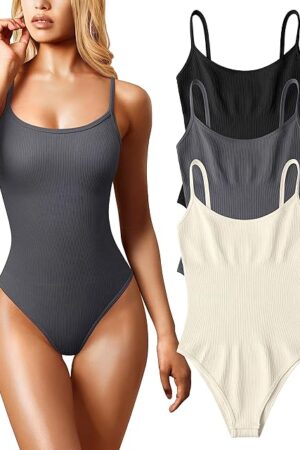 Women's 3 Piece Bodysuits Sexy Ribbed Sleeveless Adjustable Spaghetti Strips Tops Leotard 2025 Summer
