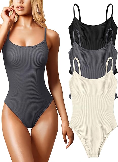 Women's 3 Piece Bodysuits Sexy Ribbed Sleeveless Adjustable Spaghetti Strips Tops Leotard 2025 Summer