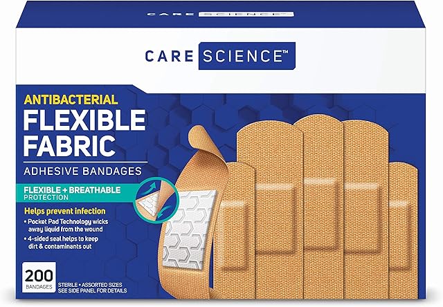 Care Science Fabric Adhesive Bandages, 200 ct Bulk Assorted Sizes | FSA HSA Eligible | Flexible + Breathable Protection for First Aid and Wound Care