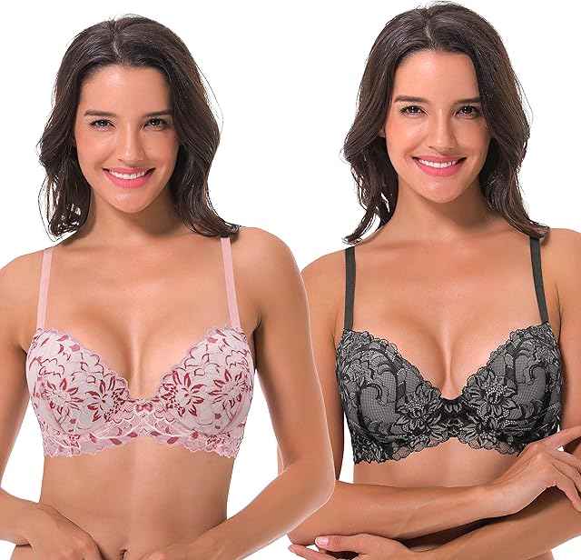 Women's Underwire Plus Size Push Up Add 1 and a Half Cup Lace Bras