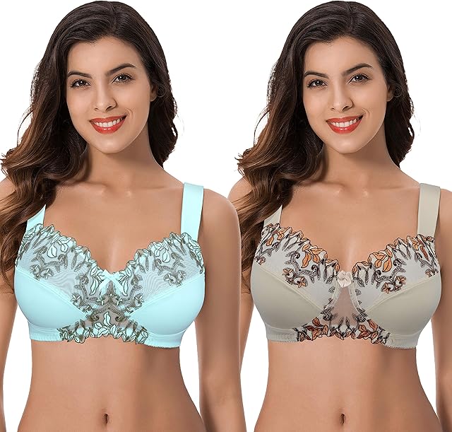 Women's Plus Size Minimizer Wireless Unlined Bra with Embroidery Lace