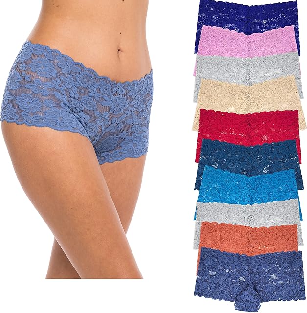 Women's 10 Pack Lace Boyshort Boyleg Panty | Ultra Soft & Stretchy Lace Lingerie
