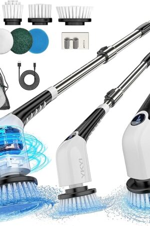 YKYI Electric Spin Scrubber,Cordless Cleaning Brush,Shower Cleaning Brush with 8 Replaceable Brush Heads, Power Scrubber 3 Adjustable Speeds,Adjustable & Detachable Long Handle,Voice Broadcast