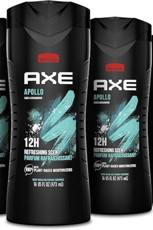 AXE Body Wash Apollo 4 Count for Long Lasting Freshness Sage & Cedarwood Men's Body Wash with Odor-Busting Prebiotics 16 oz